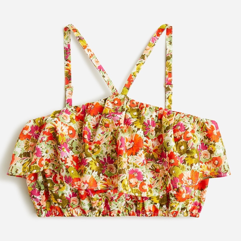 NWT J. Crew Painted Floral Ruffle Halter Crop Top - Pink & Orange & Green